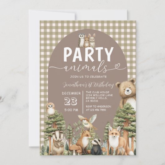 Woodland Forest Party Animals 1st Birthday Gingham 招待状 (正面)