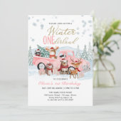 Woodland Forest Pink Truck ONEderland 1st Birthday 招待状 (スタンド正面)