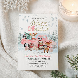 Woodland Forest Pink Truck ONEderland 1st Birthday 招待状