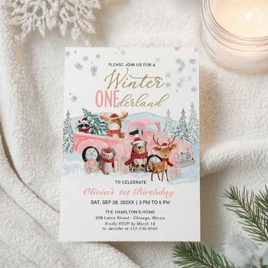 Woodland Forest Pink Truck ONEderland 1st Birthday 招待状