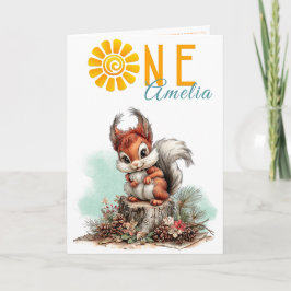 Woodland Forest Squirrel First Birthday Card カード