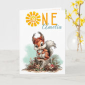 Woodland Forest Squirrel First Birthday Card カード (黄色い花)