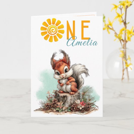 Woodland Forest Squirrel First Birthday Card カード (黄色い花)