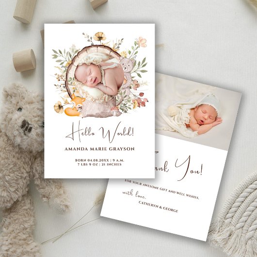 Woodland Forest Thank You Photo Birth Announcement 招待状