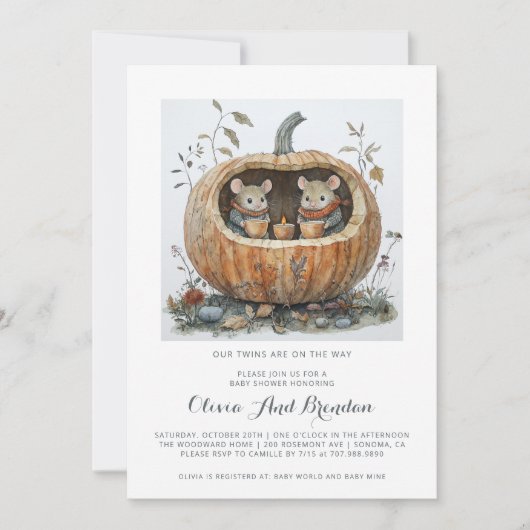Woodland Forest Twins Fall Baby Shower 招待状 (正面)