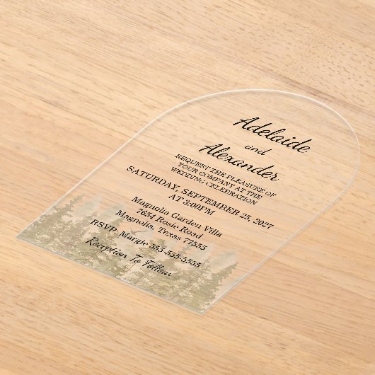 Woodland Forest Wedding Green アクリル招待状 (レイダウン)