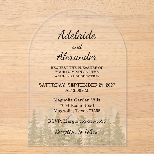 Woodland Forest Wedding Green アクリル招待状 (正面)
