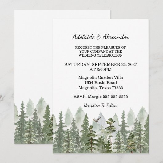 Woodland Forest Wedding Green 招待状 (正面/裏面)