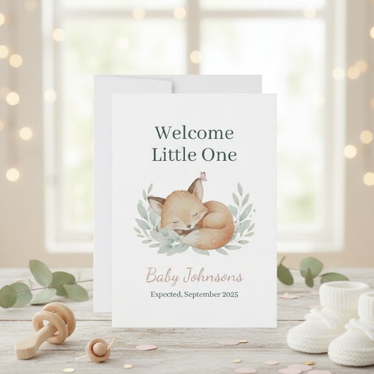 Woodland Fox and Owl Watercolor Baby Announcement 