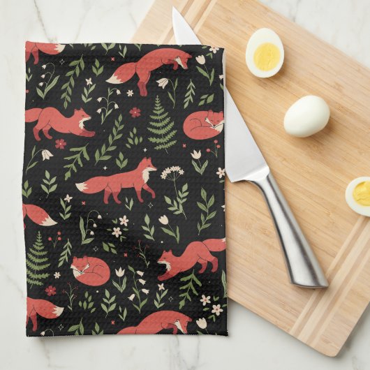 Woodland Fox Botanical Pattern キッチンタオル (四つ折り)