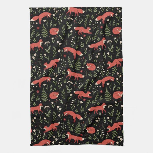 Woodland Fox Botanical Pattern キッチンタオル (縦)