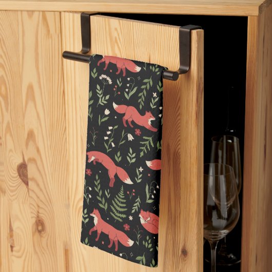 Woodland Fox Botanical Pattern キッチンタオル (三つ折り)