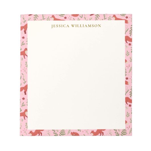 Woodland Fox Botanical Pattern Personalized Name ノートパッド (正面)