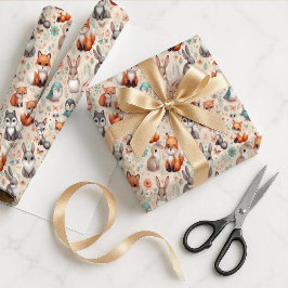 Woodland Fox Bunny Watercolor Boho Gift Wrap Paper ラッピングペーパー