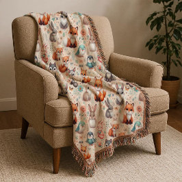 Woodland Fox Bunny Watercolor Boho Nursery Blanket スローブランケット