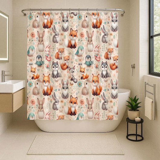 Woodland Fox Bunny Watercolor Boho Shower Curtain シャワーカーテン