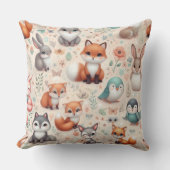 Woodland Fox Bunny Watercolor Boho Throw Pillow クッション (正面)