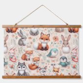 Woodland Fox Bunny Watercolor Boho Wood Tapestry 吊り下げ型タペストリー (正面)