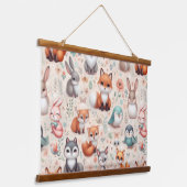 Woodland Fox Bunny Watercolor Boho Wood Tapestry 吊り下げ型タペストリー (傾斜あり)