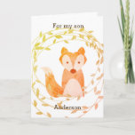 Woodland Fox Fall Birthday Son カード<br><div class="desc">A Fall birthday son birthday card featuring a beautiful fox and laurel in warm colors for Autumn. You can easily personalize the front of this son birthday card with his name. You can also easily change and personalize the inside birthday message if you wanted. The back of this fox birthday...</div>