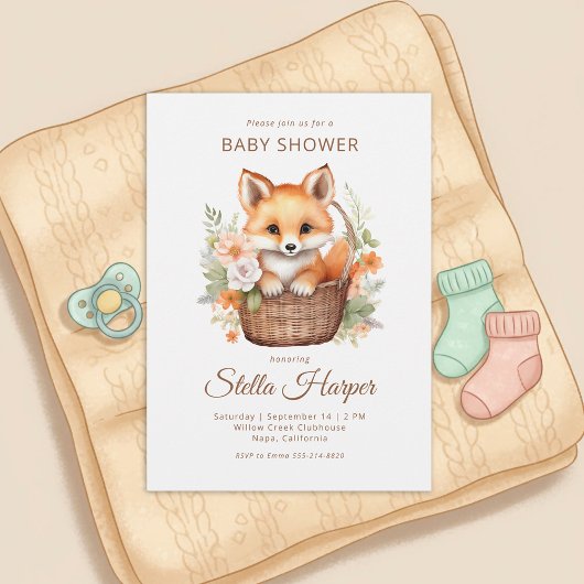 Woodland Fox Floral Girl Baby Shower Invitation 招待状