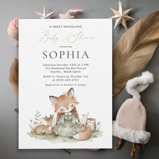 Woodland Fox Girl Baby Shower Invitation Card 招待状