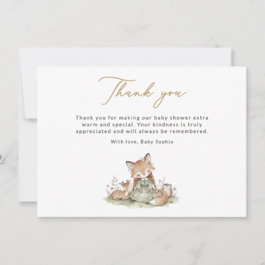 Woodland Fox Girl Baby Shower Thank You Card サンキューカード (正面)