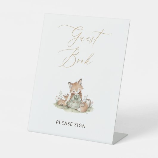 Woodland Fox Girl Guest Book Baby Shower 台座サイン (正面)