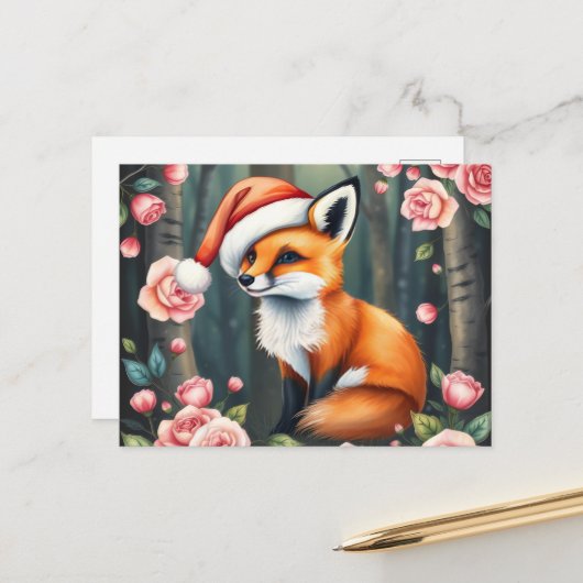 Woodland fox in Christmas hat holiday postcard シーズンポストカード (正面/裏面インサイチュ)