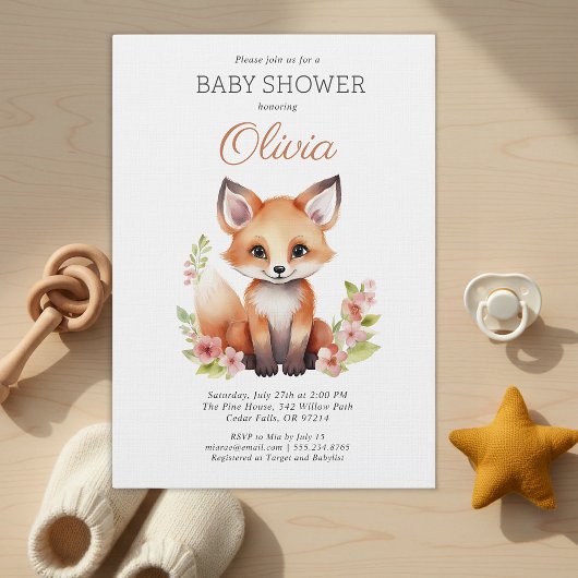 Woodland Fox Pink Peach Girl Baby Shower 招待状