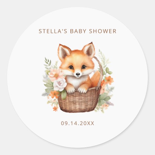 Woodland Fox Watercolor Baby Shower Personalized ラウンドシール (正面)