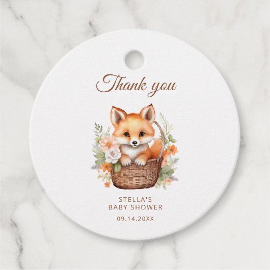 Woodland Fox Watercolor Florals Baby Shower フェイバータグ (正面)