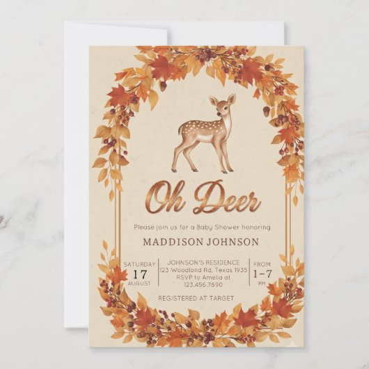 woodland frame flower deer baby shower 招待状 (正面)