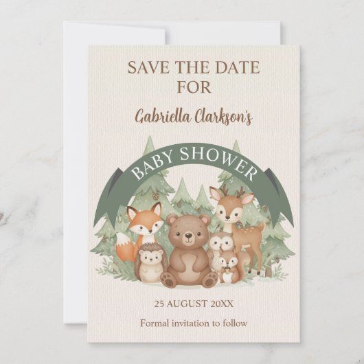 Woodland Friends Baby Shower Save the Date 招待状 (正面)