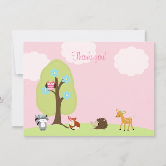 Woodland Friends Flat Thank you Note (Pink) ノートカード (正面)