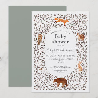 Woodland Friends Gender Neutral Sage Baby Shower 招待状
