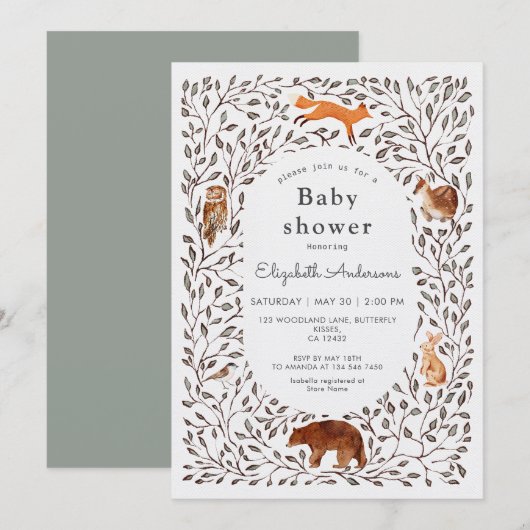 Woodland Friends Gender Neutral Sage Baby Shower 招待状 (正面/裏面)