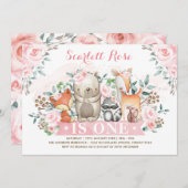 Woodland Garl かわいらし 1歳の誕生日ソフトピンクフローラ 招待状 (正面/裏面)