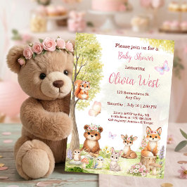 Woodland Girl Baby Shower Forest Animals  招待状