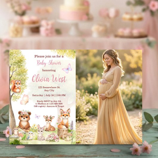 Woodland Girl Baby Shower Forest Animals Photo Inv 招待状