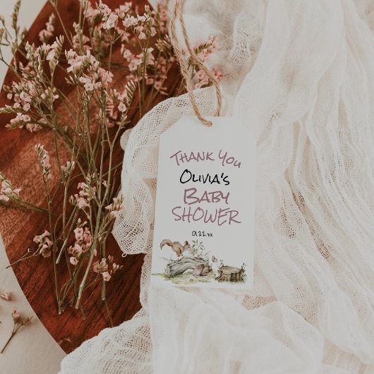 Woodland Girl Deer Squirrel Pink Baby Shower ギフトタグ