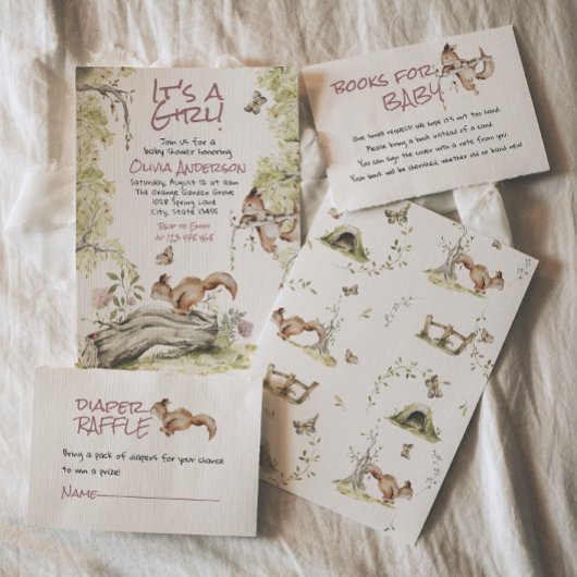Woodland Girl Squirrels Forest Cute Baby Shower 招待状