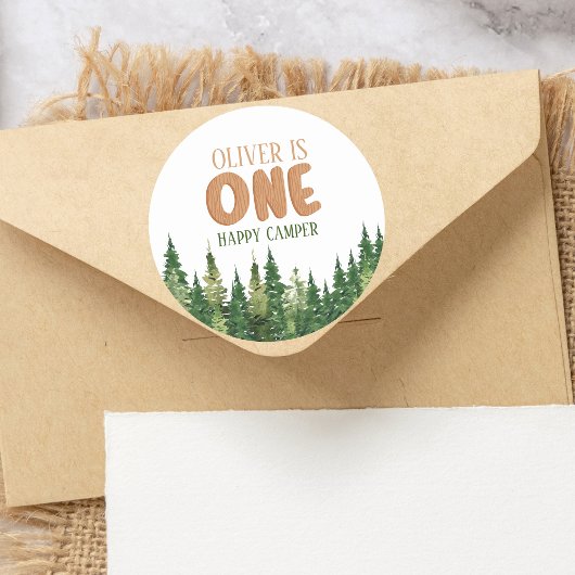 Woodland Green Rustic Happy Camper First Birthday ラウンドシール