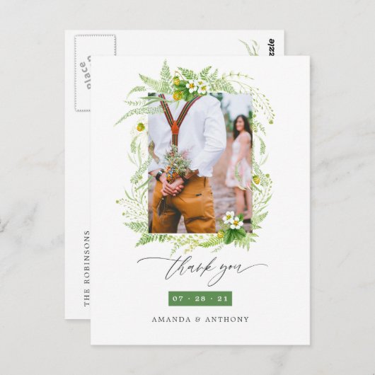 Woodland Greeneryの結婚写真ありがとう ポストカード (正面/裏面)