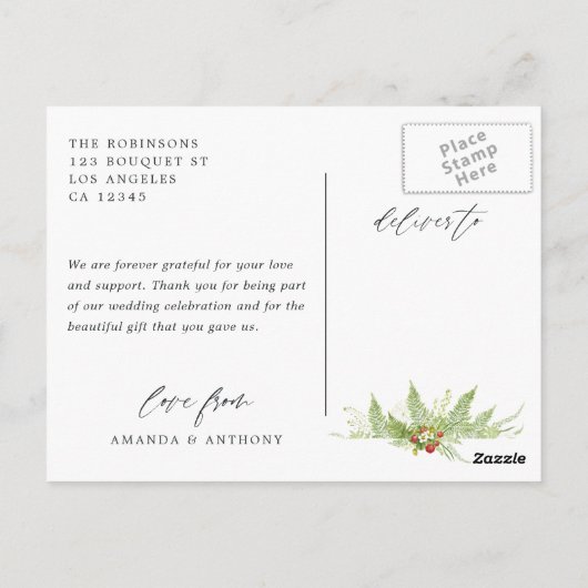 Woodland Greeneryの結婚写真ありがとう ポストカード (裏面)