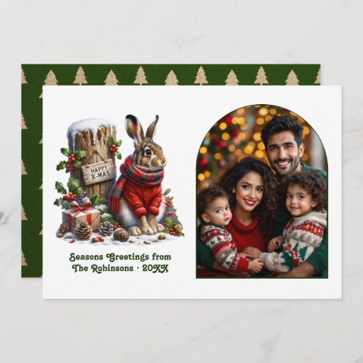 Woodland Hare Rustic Forest Cozy Christmas Photo シーズンカード (正面/裏面)