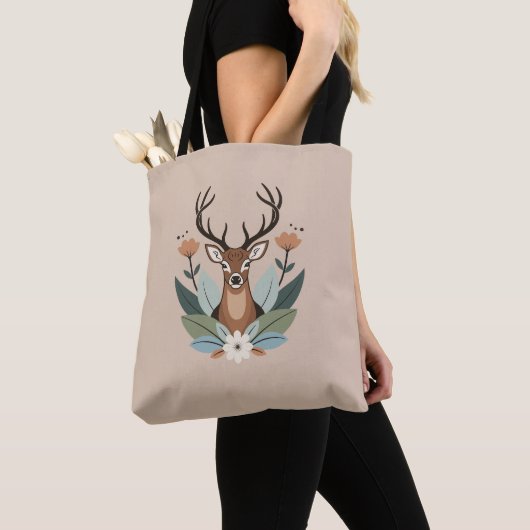 Woodland Harmony – Boho Deer Botanical Illustratio トートバッグ (クローズアップ)