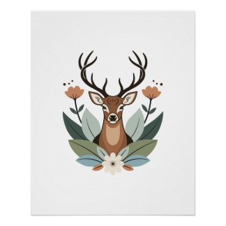 Woodland Harmony – Boho Deer Botanical Illustratio ポスター