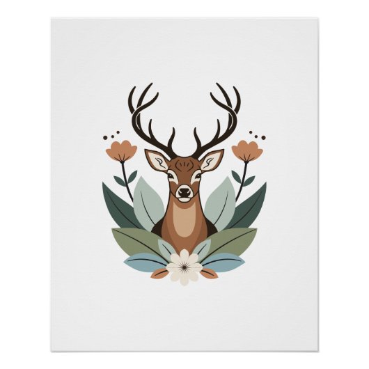 Woodland Harmony – Boho Deer Botanical Illustratio ポスター (正面)