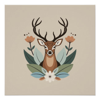 Woodland Harmony – Boho Deer Botanical Illustratio ポスター